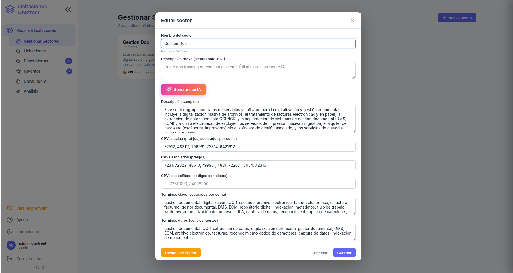 Configuración de sectores asistida por IA
